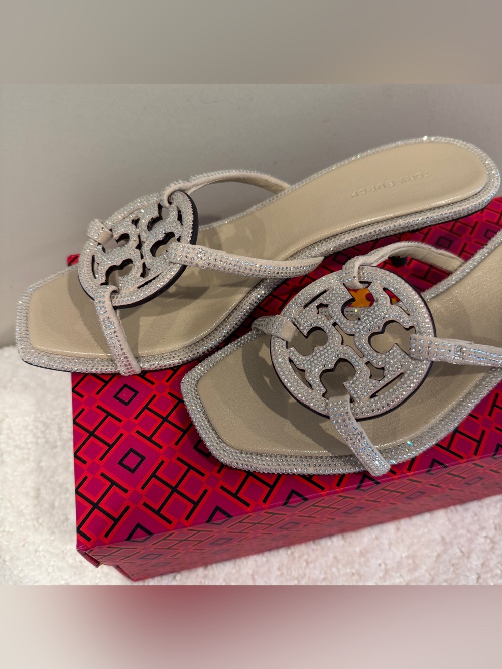Crystal-Embellished Tory Burch Pave Geo Bombe Miller Low Heel Sandals - Picture 3 of 5